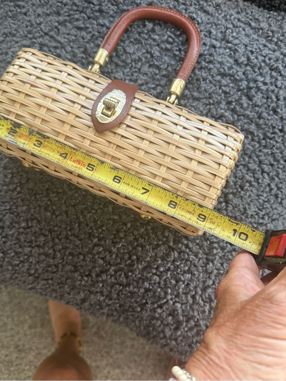 Vintage Woven Rattan Handbag with Brown Leather Trim - Picture 9 of 11